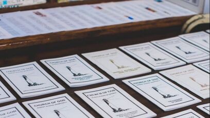 Church of God study booklets arranged on a table